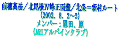 前穂高岳／北尾根Ⅳ峰正面壁／北条＝新村ルート
（2002．8．2～3）
メンバー：恩田、原
（ARIアルパインクラブ）